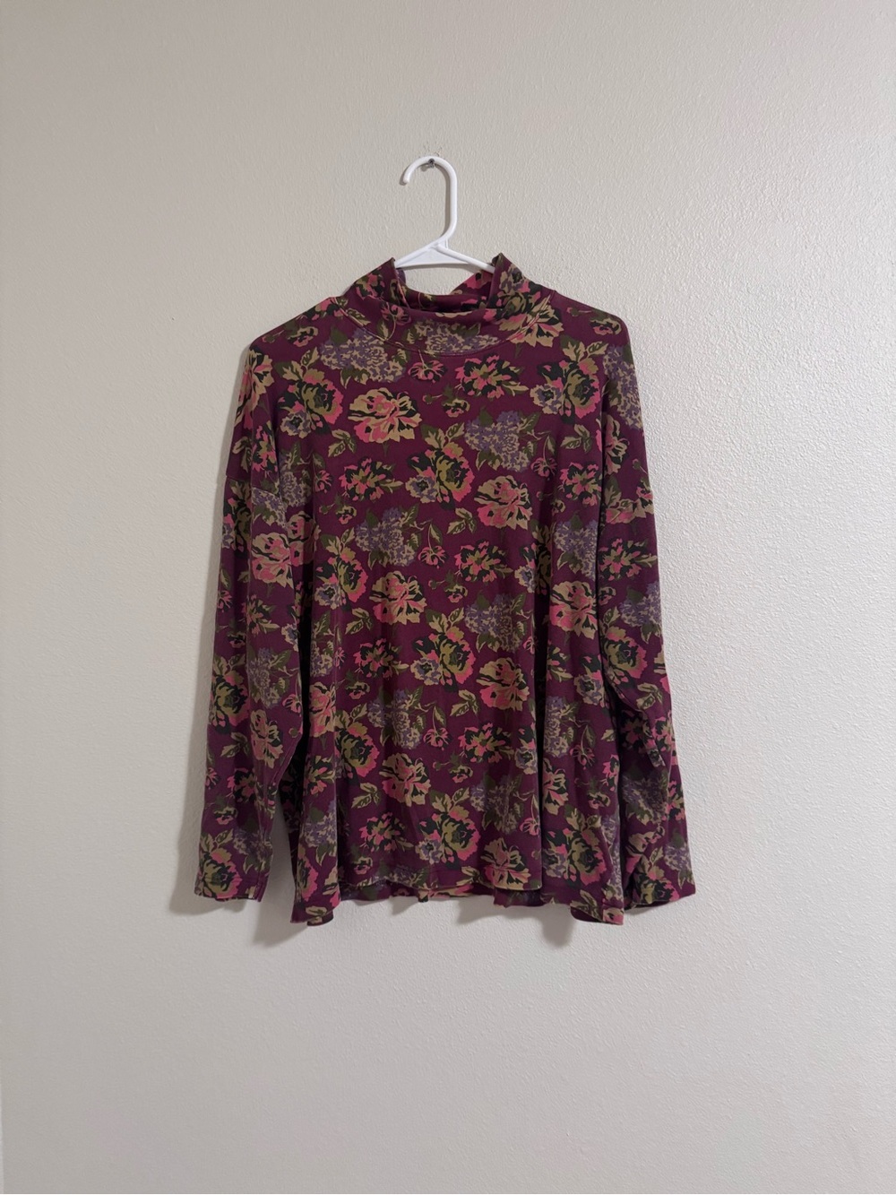 Eddie Bauer Burgundy Floral Mock Neck Top
